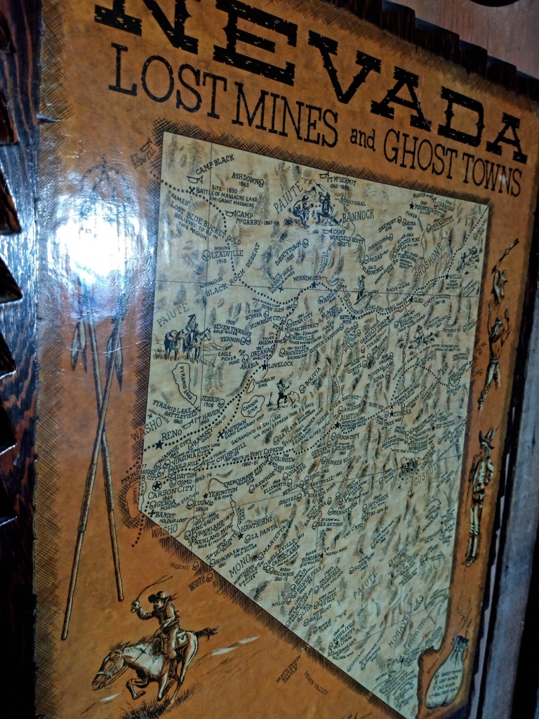 Nevada Lost Mines and Ghost towns poster with a map of Nevada showing the locations